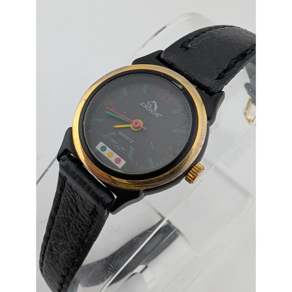 Vintage Jordache Watch Women 23mm Case Black Leather Band- New Battery‎